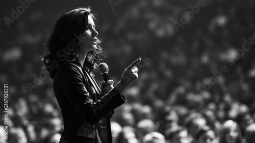 A woman speaks to a large audience holding a microphone.
