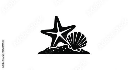 Starfish and seashell silhouette on white background marine life illustration
