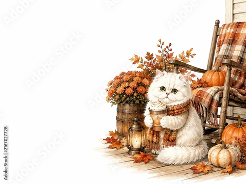 Cute cat with coffee in autumn setting with pumpkins and flowers