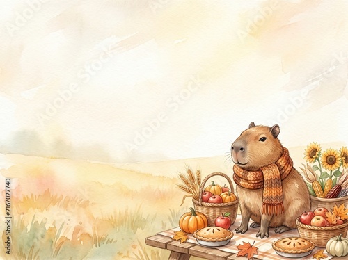 Capybara with Autumn Decor and Bountiful Harvest in Soft Background