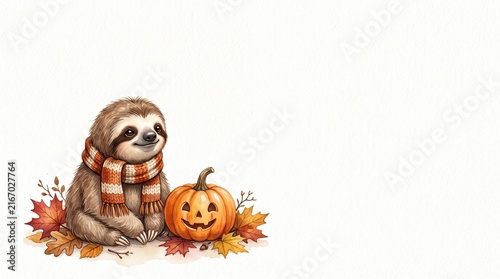 Cute Sloth with Pumpkin, Autumn Leaves, and Cozy Scarf Illustration