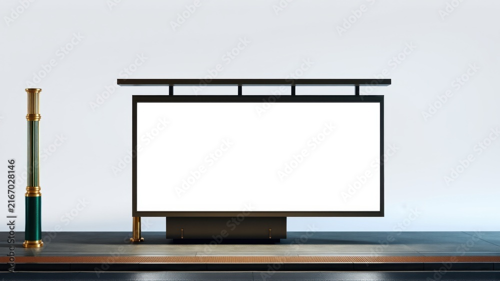 Fototapeta premium Minimalist scene. Blank billboard stands on platform. Gold pillar adds subtle accent. Clean, modern presentation. Simple studio setup.