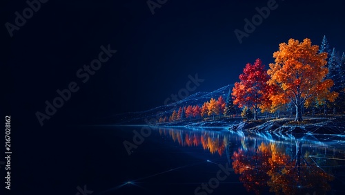 Glowing autumn trees reflecting on calm water lake surface at night. autumn fall season reflection landscape illustration colorful environment background wallpaper. autumn. fall season