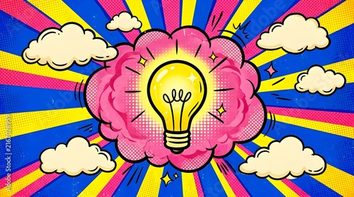 Bulb with clouds pop art retro. Comic book style.