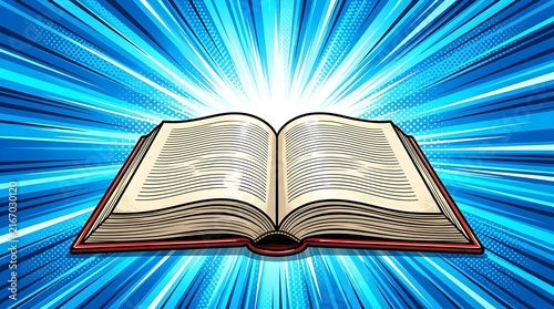 blue and white background of the book in comic style pop art superhero lightning blast halftone dots 