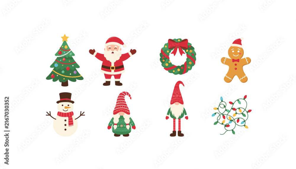 Fototapeta premium Christmas holiday sticker element set vector illustration cartoon santa claus tree snowman gingerbread wreath gnomes lights collection