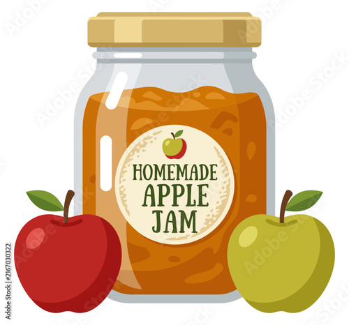 Jar of homemade apple jam with a label, accompanied by a fresh red apple and a green apple, isolated on white background