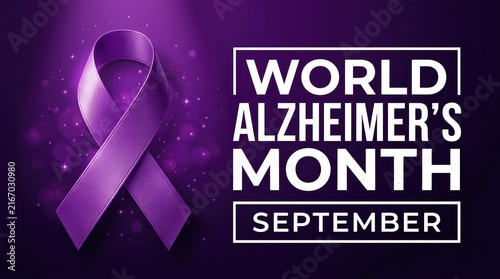 World Alzheimer's Month September dark banner with 3D realistic purple awareness ribbon