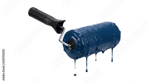 Blue Paint Roller with Wet Paint Drips Isolated on Transparent Background for Painting and Construction Design