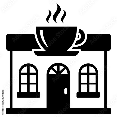 Coffee Shop Building Icon with Giant Cup on Roof