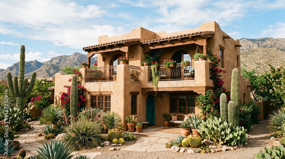 Fototapeta premium Southwestern adobe house with lush desert cactus garden, Spanish colonial architecture, rustic villa exterior under mountain backdrop.