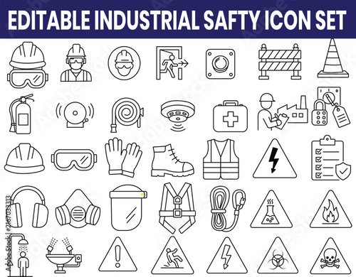 Editable Industrial Safety Icon Set Hard Hat Vest Warning Signs PPE
