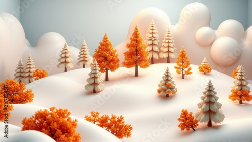 Stylized landscape features snowy hills, orange trees. Soft lighting creates whimsical winter scene. Minimalist design, peaceful atmosphere.