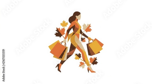 Holiday - Woman shopping with autumn leaves graphic illustration