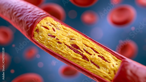 premium 3D medical visualization of atherosclerosis, realistic human artery with layered yellow lipid plaque narrowing the vascular lumen, detailed red blood cells, anatomically accurate structure,