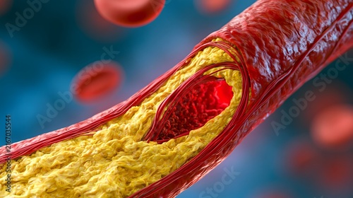premium 3D medical visualization of atherosclerosis, realistic human artery with layered yellow lipid plaque narrowing the vascular lumen, detailed red blood cells, anatomically accurate structure,