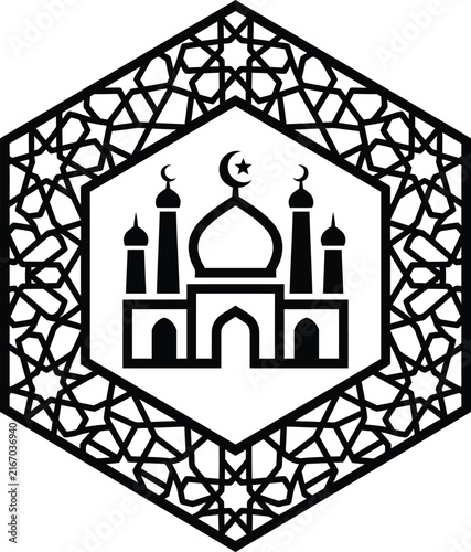 Minimalist black mosque emblem with crescent star inside decorative hexagon

