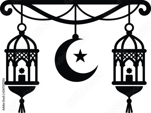 Elegant Islamic lantern garland with moon and star for Eid
