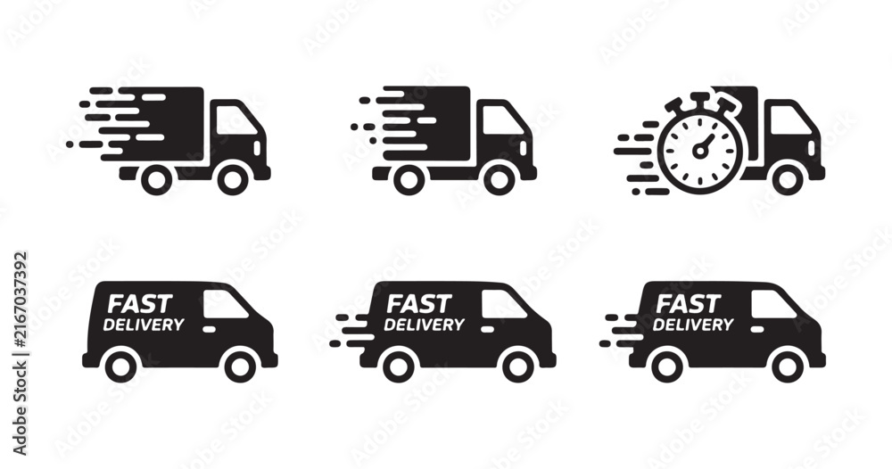 Obraz premium fast delivery truck van icons set speeding freight transport express shipping service.