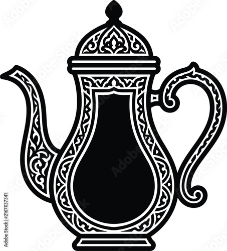 Minimalist black Arabic coffee jug with decorative pattern and lid
