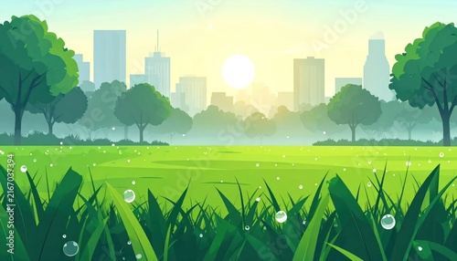 Green field with city skyline background.