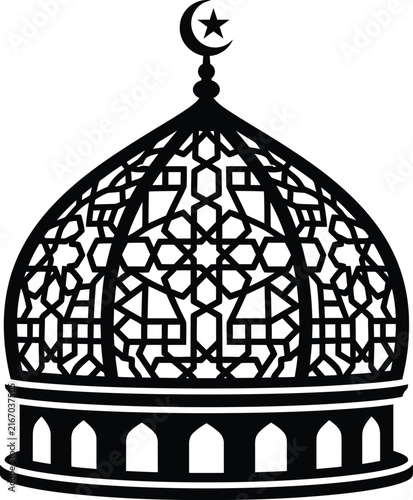 Minimalist black domed cupola with ornate Islamic geometric decoration finial

