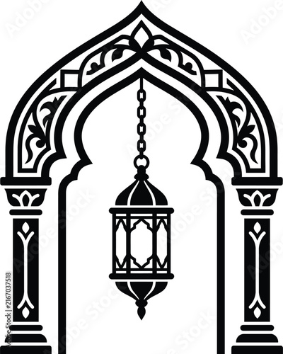 Traditional mosque entrance arch with famous lantern chain and columns
