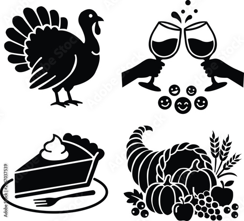 Minimalist black Thanksgiving icons turkey toast dessert harvest festival set