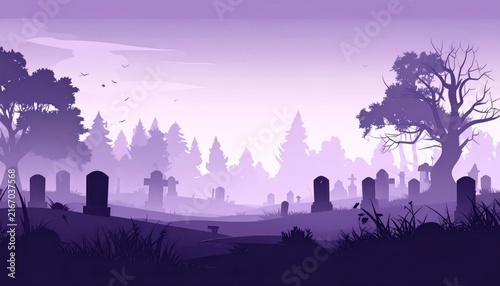 Haunted graveyard at dusk with trees.