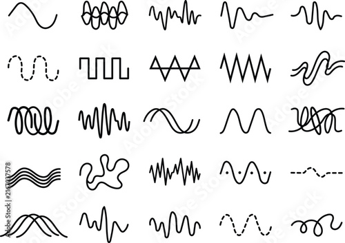 Modern black line art curve waveform frequency pulse elements white
