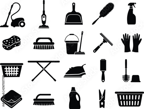Minimalist Cleaning Supplies Silhouette Icons Vector Illustration Design Collection
