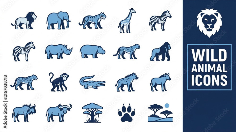 Obraz premium Diverse vector collection of stylized blue wild animal icons, featuring safari wildlife such as lions, elephants, giraffes, and rhinos, for modern graphic design