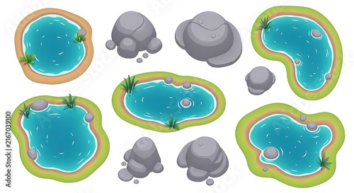 Set of top view blue ponds and grey rocks for game map design