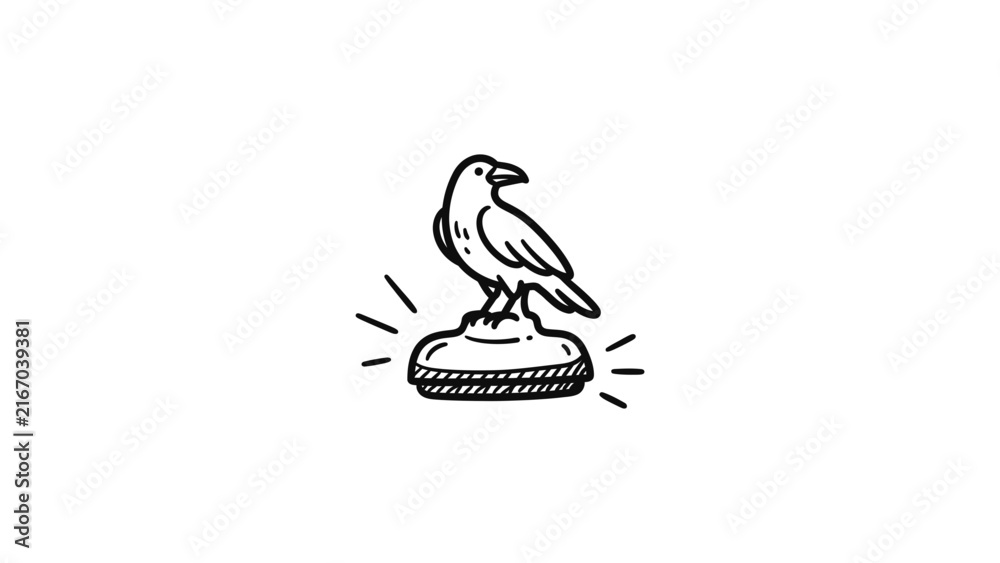 Naklejka premium Raven perched on pedestal hand-drawn sketch.