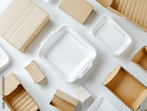 Mixed recyclable cardboard and plastic food containers collection.