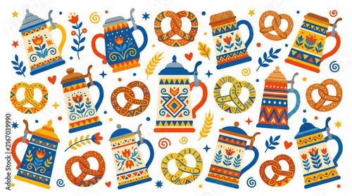 Pattern featuring traditional German beer steins and pretzels on white.