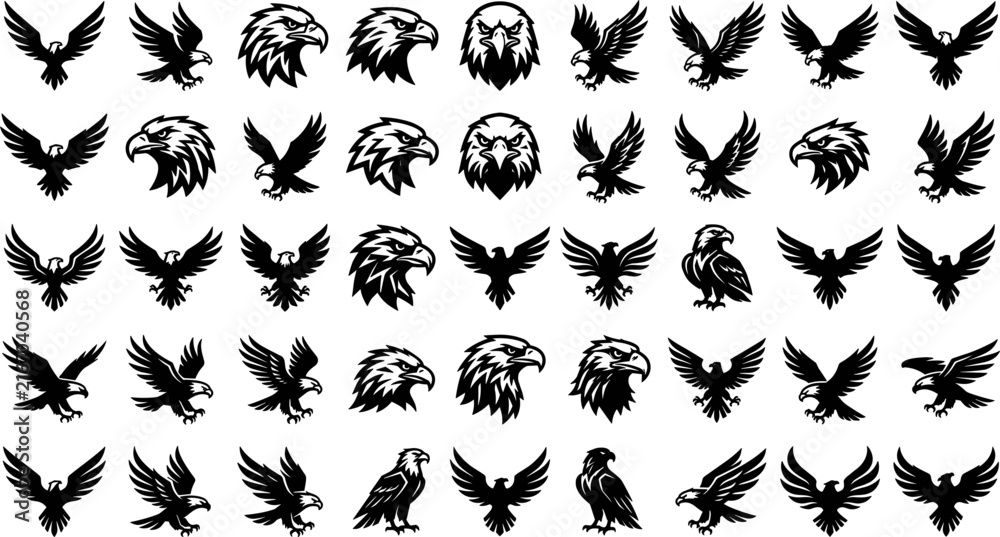 Fototapeta premium Eagle mascot and hawk head logo silhouette icon set vector illustration featuring fierce black stencils of flying hunting and perched predatory birds
