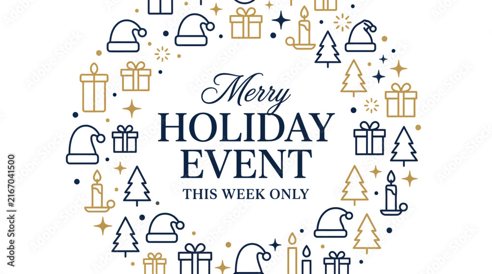 Fototapeta premium Merry Holiday Event typography design with circular pattern of Christmas icons.