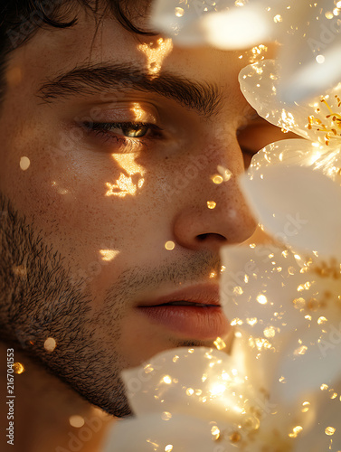 Young man surrounded by golden bokeh and delicate flower petals.