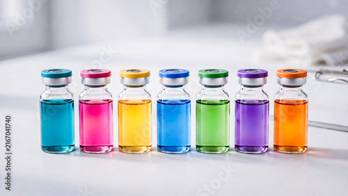 Flacons contenant un liquide coloré, dans un laboratoire