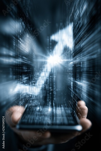 Business Forecast Scene with Smartphone and Glowing Upward Arrow