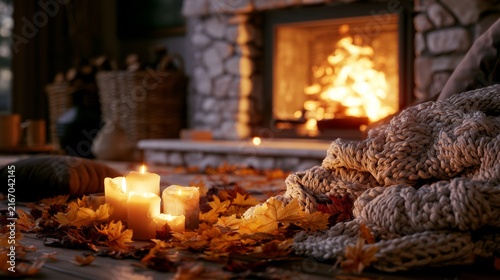 Premium Cozy Autumn Background with Fireplace Glow and Knitted Textures
