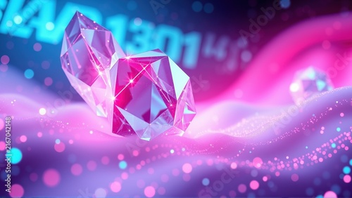Bright crystal floats above vibrant waves. Pink, blue hues dominate scene. Digital art, futuristic design elements present.