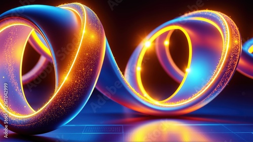 Bright neon rings intertwine, glowing orange, blue hues. Reflective surface creates dynamic visual effect. Futuristic design.