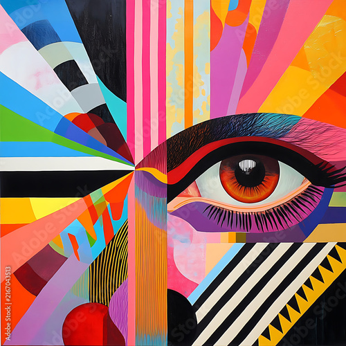 Vibrant abstract eye design with geometric rainbow patterns.