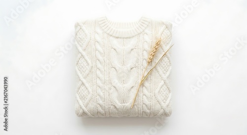 folded knit sweater with dry wheat spike on white background for autumn fashion display.
