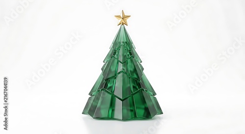 Green glass christmas tree with golden star topper holiday decoration ornament.