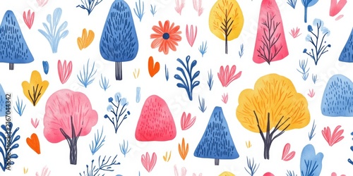 This is a hand-drawn watercolor seamless pattern, filled with stylized colorful trees, daisy flowers, heart shapes, and tiny foliage elements, arranged neatly on a white background.

