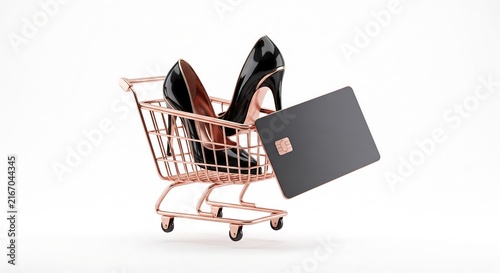 high heels in shopping cart with credit card online fashion retail store.