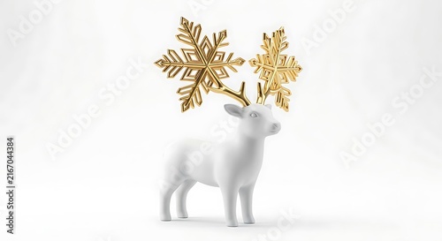 gold reindeer figurine with snowflake antlers on white background for holiday design.
